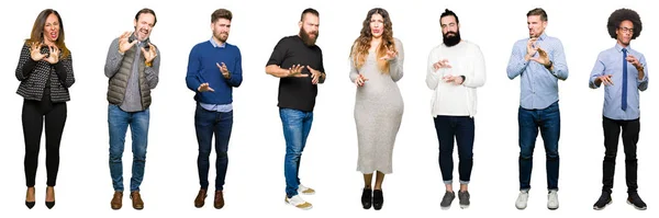 Collage Personas Sobre Fondo Blanco Aislado Expresión Disgustada Disgustados Temerosos —  Fotos de Stock