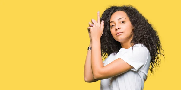 Young Beautiful Girl Curly Hair Wearing Casual White Shirt Holding — Stock Photo, Image