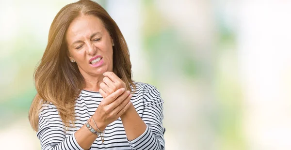 Beautiful Middle Age Woman Wearing Stripes Sweater Isolated Background Suffering — Stock Photo, Image