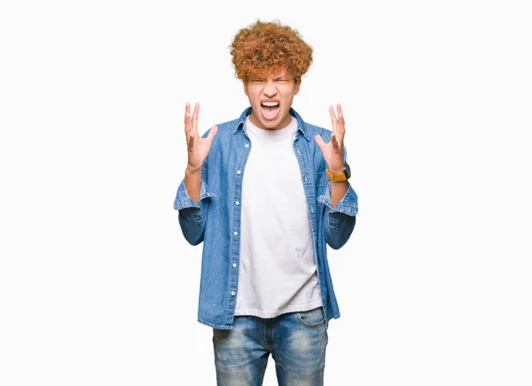 Young Handsome Man Afro Hair Wearing Denim Jacket Crazy Mad — Stock Photo, Image