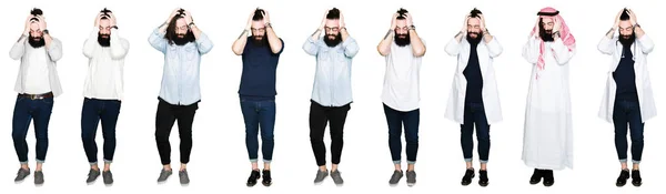 Collage Van Jonge Man Met Baard Lang Haar Witte Geïsoleerde — Stockfoto