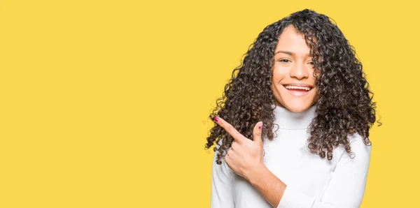 Young Beautiful Woman Curly Hair Wearing Turtleneck Sweater Cheerful Smile — Stock Photo, Image