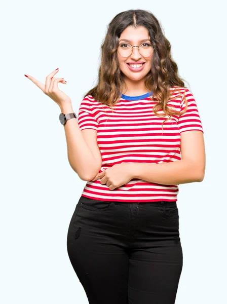 Young Beautiful Woman Wearing Glasses Big Smile Face Pointing Hand — Stock Photo, Image