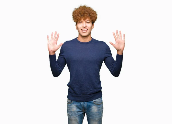 Young Handsome Man Afro Hair Showing Pointing Fingers Number Ten — Stock Photo, Image