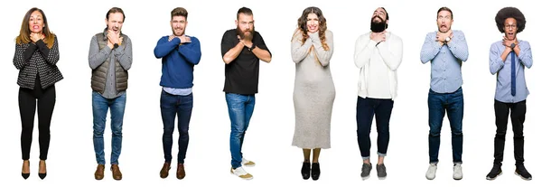 Collage Personas Sobre Fondo Blanco Aislado Gritando Sofocándose Por Estrangulamiento — Foto de Stock