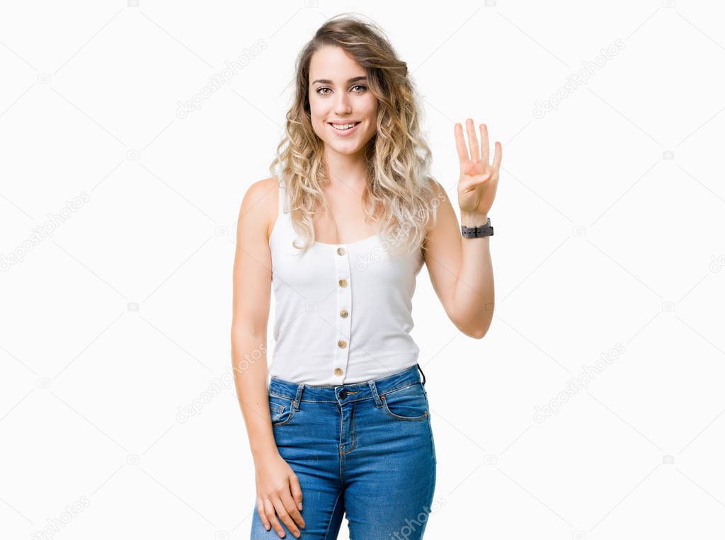 Young beautiful blonde woman over isolated background showing and pointing up with fingers number four while smiling confident and happy.