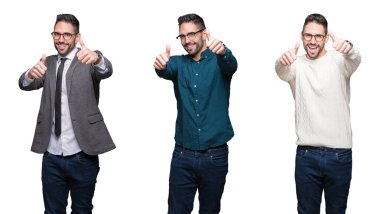 Beyaz izole arka plan üzerinde yakışıklı iş adamı Kolaj el ile olumlu jest yapıyor onaylayan, gülümseyerek ve başarı için mutlu başparmak. Kameraya bakmak, kazanan jest.