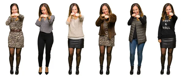 Collage Hermosa Mujer Mediana Edad Con Diferentes Miradas Sobre Fondo —  Fotos de Stock