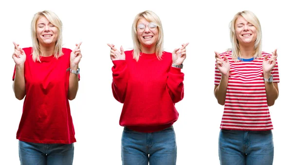 Collage Einer Schönen Blonden Frau Lässigem Rot Vor Isoliertem Hintergrund — Stockfoto