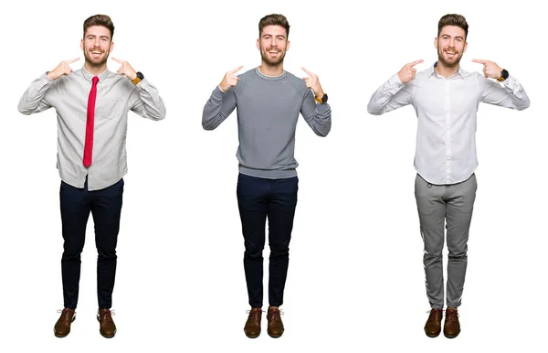 Collage Van Knappe Jonge Zakelijke Man Witte Geïsoleerde Achtergrond Glimlachend — Stockfoto