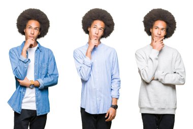 Çene düşünme hakkında soru, dalgın ifade üzerine el ile beyaz izole arka plan üzerinde afro saçlı Genç adam kolaj. Düşünceli yüzüyle gülümsüyor. Şüphe kavramı.
