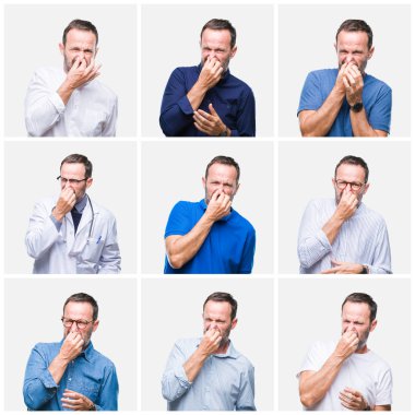 Beyaz izole arka plan üzerinde üst düzey hoary zarif adam Kolaj bir şey kokulu ve, dayanılmaz koku, burun parmakları ile nefes tutarak kokuyor. Kötü kokular kavramı.