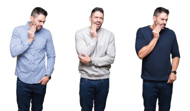 Diş ağrısı ya da diş hastalıkları nedeniyle ağrılı ifade ile el ile beyaz izole arka plan dokunmadan ağız üzerinde yakışıklı iş adamı kolaj. Dişçi konsepti.