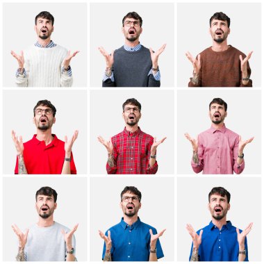 Kolaj izole arka plan çılgın ve kızgın bağırarak ve agresif ifade ve silah kaldırdı bağırmaya genç adam. Hayal kırıklığı kavramı.