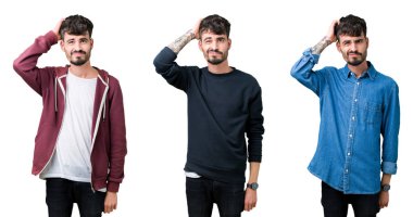 İzole arka plan üzerinde genç adam kolaj yanıltır ve soru hakkında merak ediyorum. Şüphe, kafasına el ile düşünme ile belirsiz. Dalgın kavramı.