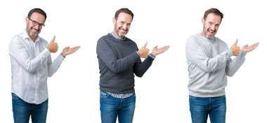 Kolaj yakışıklı komuta sizde üzerinde beyaz bir arka plan gösteren palm el ve yukarıya, mutlu ve neşeli gülümseyen baş parmakları Tamam jest yapıyor izole