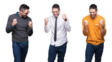 Beyaz izole arka plan çok mutlu ve heyecanlı kaldırdı, silah ile kazanan jest yapıyor gülümseyen ve başarı için çığlık yakışıklı adam kolaj. Kutlama kavramı.