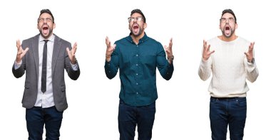 Beyaz izole arka plan deli ve deli bağırarak ve agresif ifade ve kollar kaldırdı ile bağırıyor üzerinde yakışıklı iş adamı Kolaj. Hayal kırıklığı kavramı.