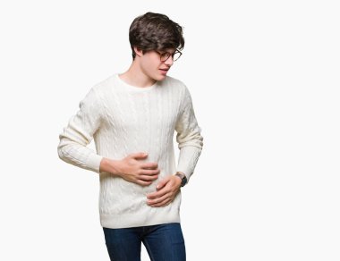 Yakışıklı delikanlı üzerinde gözlük takan izole mide üzerinde el ile arka plan çünkü hazımsızlık, ağrılı hastalık hasta hissediyor. Ağrısı kavramı.