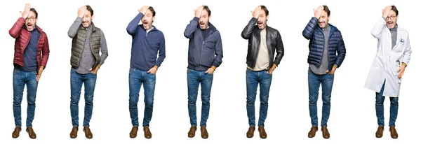 Collage Eines Gutaussehenden Mannes Mittleren Alters Der Verschiedene Blicke Über — Stockfoto