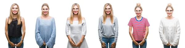 Collage Van Jonge Mooie Blonde Vrouw Geïsoleerde Achtergrond Met Een — Stockfoto