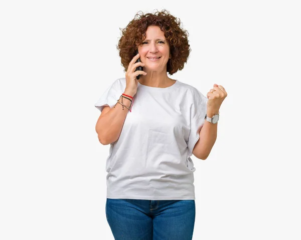 Middle Ager Senior Woman Talking Smartphone Isolated Background Screaming Proud — Stock Photo, Image