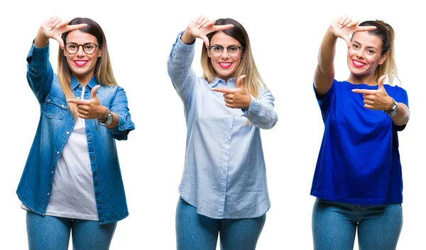 Colagem Jovem Mulher Bonita Vestindo Óculos Sobre Fundo Isolado Sorrindo — Fotografia de Stock