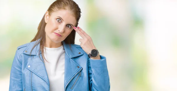 Hermosa Mujer Madura Mediana Edad Con Chaqueta Cuero Moda Sobre — Foto de Stock