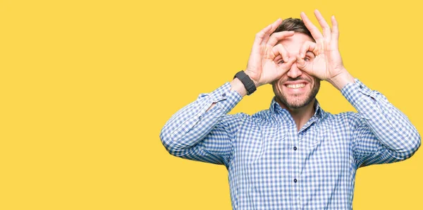 Handsome Business Man Blue Eyes Doing Gesture Binoculars Sticking Tongue — Stock Photo, Image