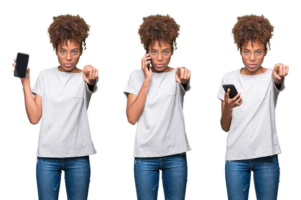 Colagem Jovem Bela Menina Africana Usando Smartphone Apontando Com Dedo — Fotografia de Stock