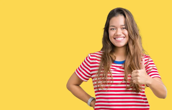 Jonge Mooie Brunette Vrouw Dragen Strepen Shirt Geïsoleerde Achtergrond Gelukkig — Stockfoto