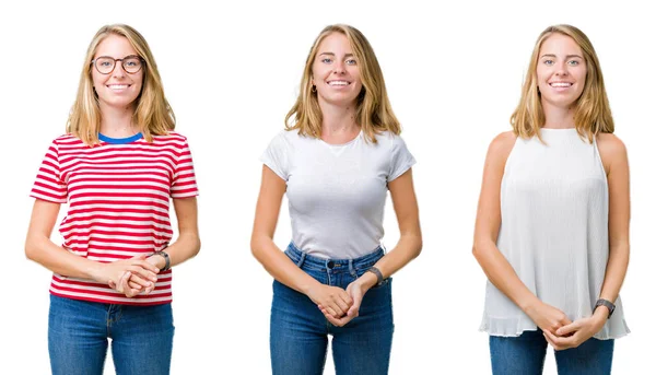 Collage Vacker Blond Kvinna Över Vita Isolerade Bakgrund Händer Tillsammans — Stockfoto