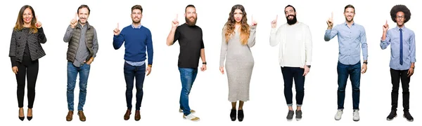 Collage Von Menschen Vor Weißem Hintergrund Die Mit Finger Nummer — Stockfoto
