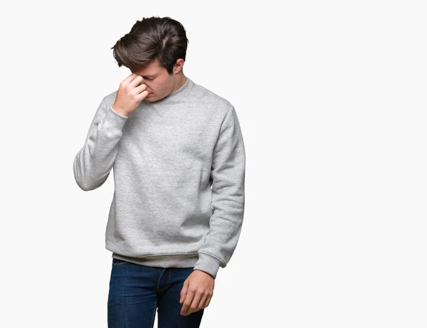 Ung Snygg Sportig Man Klädd Sweatshirt Över Isolerad Bakgrund Trött — Stockfoto