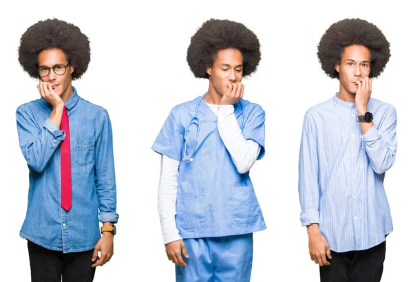 年轻男子的拼贴与非洲头发在白色被隔绝的背景看上去紧张和紧张与手在嘴咬指甲 焦虑问题 — 图库照片