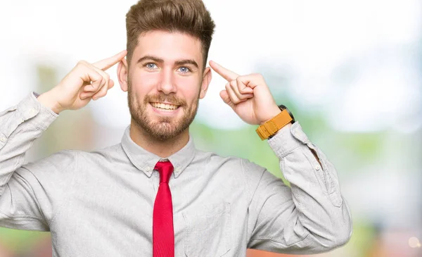 Young Handsome Business Man Smiling Pointing Head Both Hands Finger — Stock Photo, Image