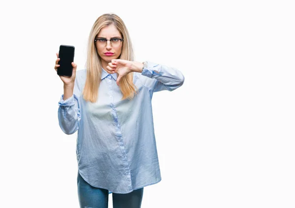 Jonge Mooie Blonde Zakelijke Vrouw Weergegeven Scherm Van Smartphone Geïsoleerde — Stockfoto