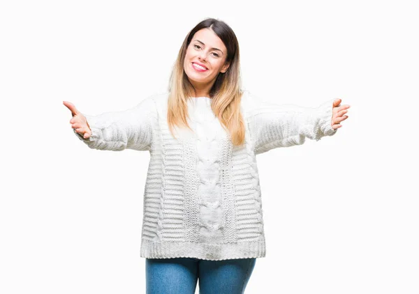 Junge Schöne Frau Lässiger Weißer Pullover Über Isoliertem Hintergrund Die — Stockfoto