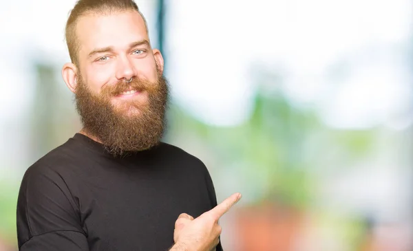 Young Blond Man Wearing Casual Shirt Cheerful Smile Face Pointing — Stock Photo, Image