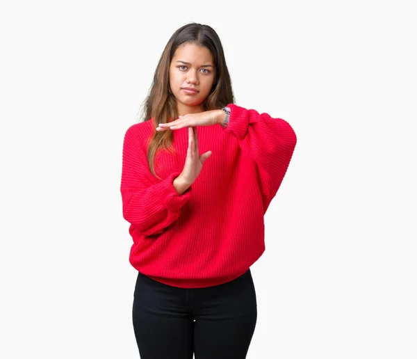 Young Beautiful Brunette Woman Wearing Red Winter Sweater Isolated Background — Stock Photo, Image