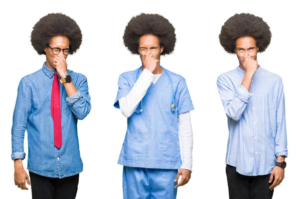 Beyaz izole arka plan üzerinde afro saç ile genç adam kolaj bir şey kokmuş ve mide bulandırıcı, dayanılmaz koku, burun parmaklarıyla nefes tutarak. Kötü koku kavramı.