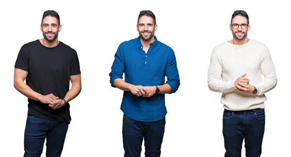 Colagem Homem Bonito Sobre Fundo Isolado Branco Mãos Juntas Dedos — Fotografia de Stock