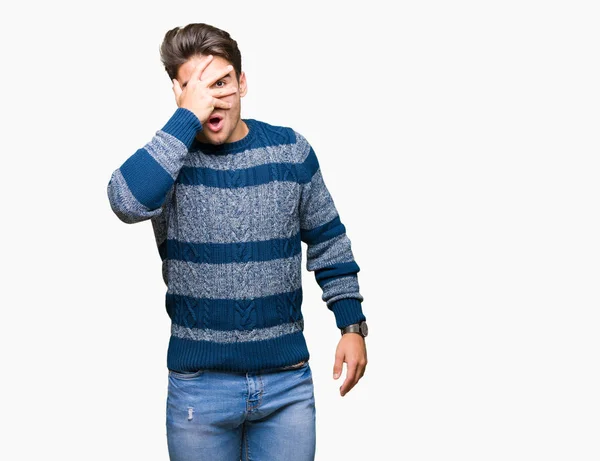 Young Handsome Man Isolated Background Peeking Shock Covering Face Eyes — Stock Photo, Image