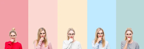 Collage Van Jonge Mooie Blonde Vrouw Levendige Kleurrijke Vintage Geïsoleerde — Stockfoto