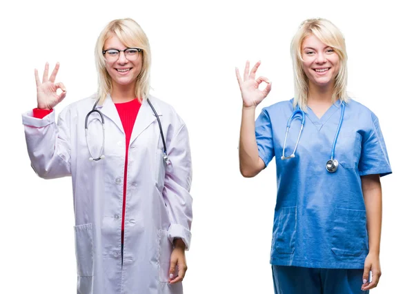 Collage Von Arzt Und Krankenschwester Über Weißem Isoliertem Hintergrund Mit — Stockfoto