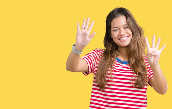 Joven Mujer Morena Hermosa Con Rayas Camiseta Sobre Fondo Aislado — Foto de Stock