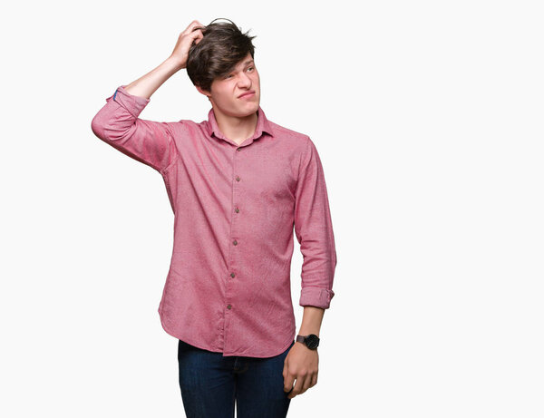 Молодой привлекательный бизнесмен на изолированном фоне путает и задается вопросом. Неуверенный в сомнении, думающий рукой об голову. Комплексная концепция
.