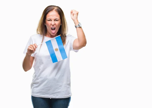 Mujer Hispana Mediana Edad Sosteniendo Bandera Argentina Sobre Fondo Aislado — Foto de Stock