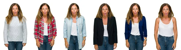 Collage Einer Schönen Frau Mittleren Alters Über Weißem Isoliertem Hintergrund — Stockfoto