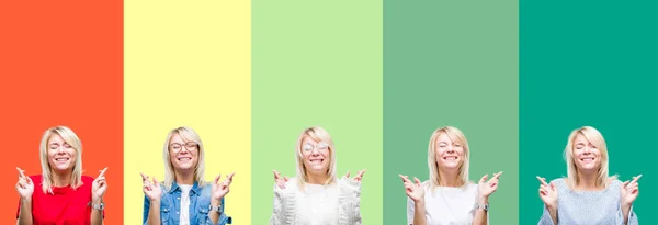 Collage Hermosa Mujer Rubia Sobre Fondo Aislado Vintage Vívido Sonriendo —  Fotos de Stock